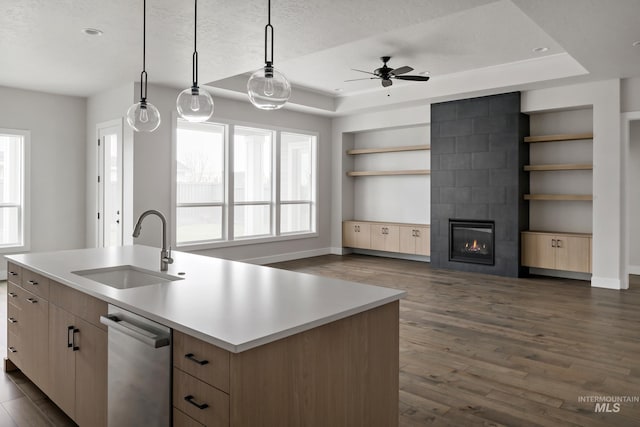 4364 N Madden Way, Meridian, ID 83646 - kitchen featuring a tray ceiling, light brown cabinets, stainless steel dishwasher, and a sink