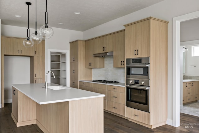 4364 N Madden Way, Meridian, ID 83646 - kitchen with a sink, double oven, light brown cabinetry, and under cabinet range hood