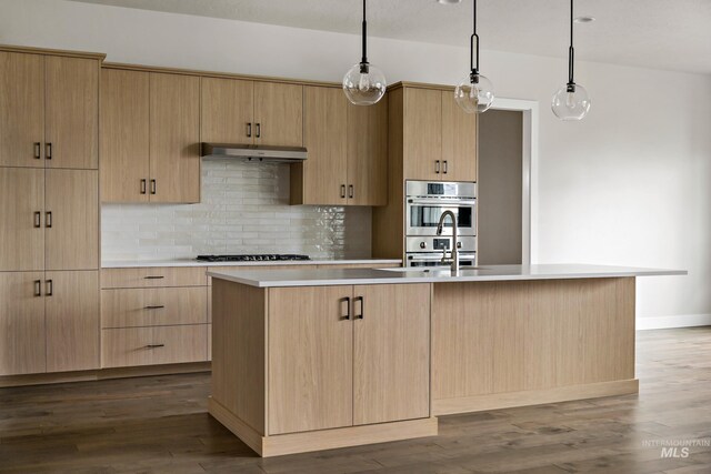 4364 N Madden Way, Meridian, ID 83646 - kitchen featuring light brown cabinets, light countertops, dark wood-style floors, under cabinet range hood, and stainless steel double oven