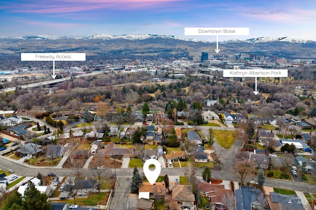 aerial view at dusk with a mountain view