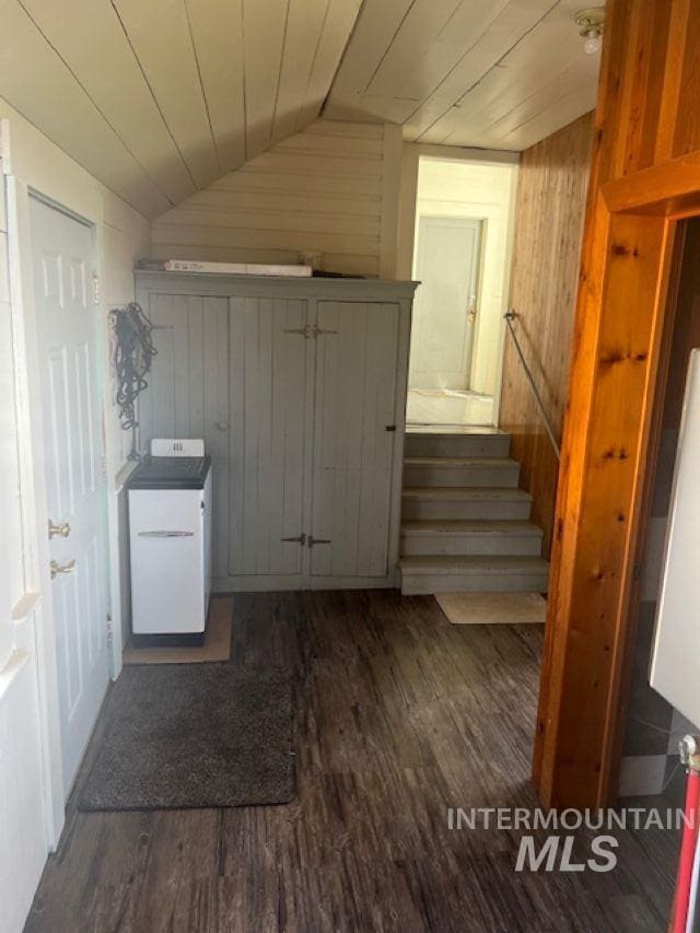 2070 Woodland Rd, Kamiah, ID 83536 - washroom featuring wooden walls, dark wood-style flooring, and wooden ceiling