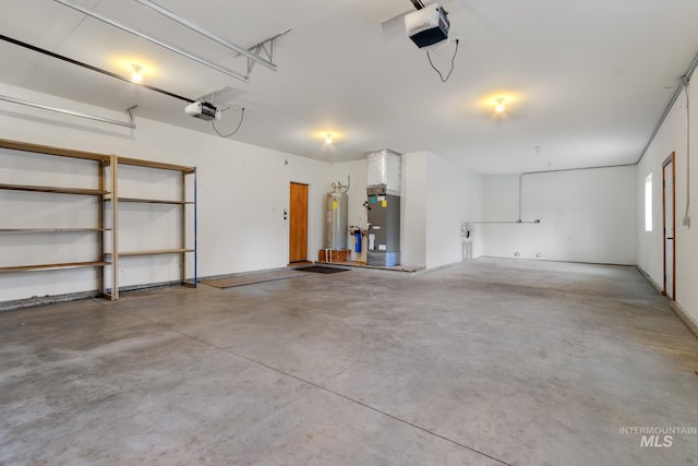 garage with a garage door opener, water heater, and heating unit