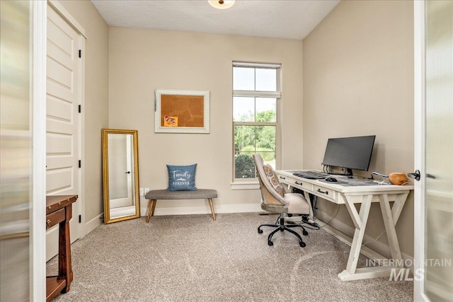 carpeted office space with a textured ceiling