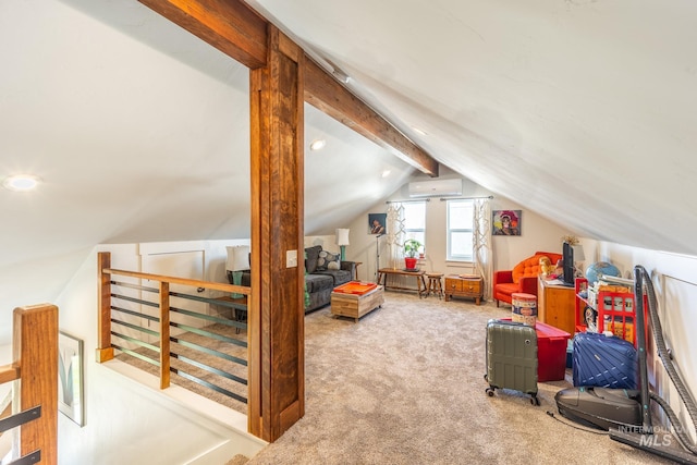 additional living space featuring vaulted ceiling with beams, light carpet, and a wall unit AC