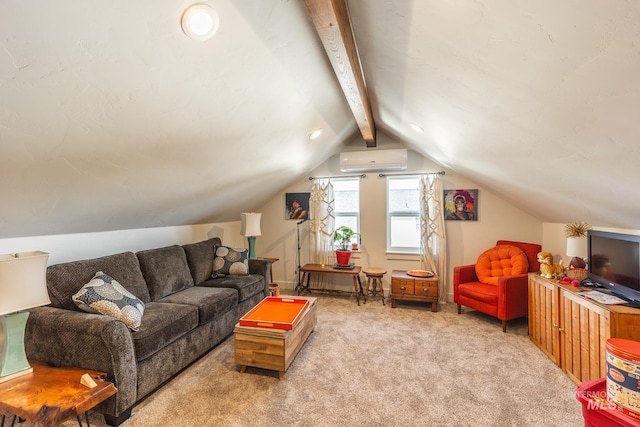 living room featuring lofted ceiling with beams, a wall unit AC, and light colored carpet