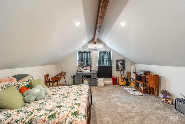 carpeted bedroom with lofted ceiling with beams and an AC wall unit