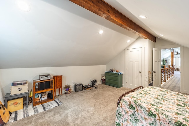 bedroom featuring light carpet and lofted ceiling with beams