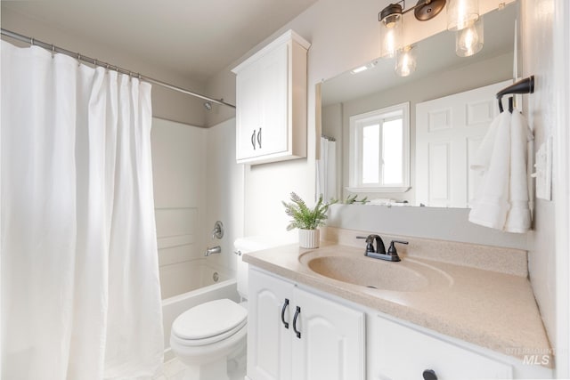 full bathroom with toilet, shower / bath combination with curtain, and vanity