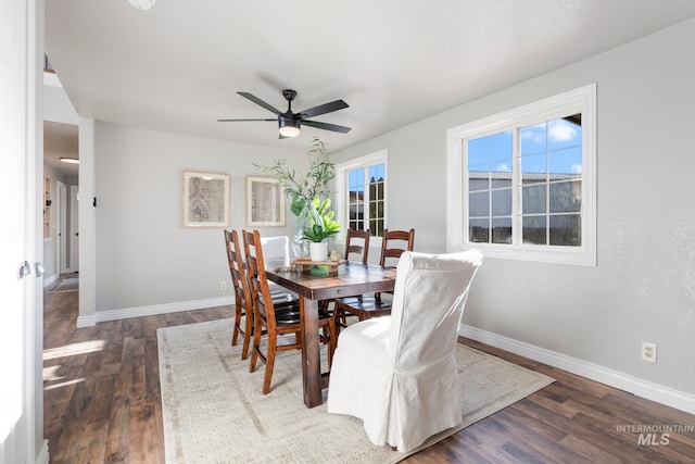 dining space featuring ceiling fan and dark wood-type flooring