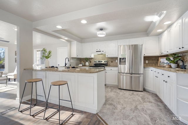 kitchen featuring appliances with stainless steel finishes, kitchen peninsula, light stone counters, a tray ceiling, and white cabinetry