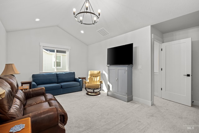 living room featuring vaulted ceiling, light carpet, and a notable chandelier