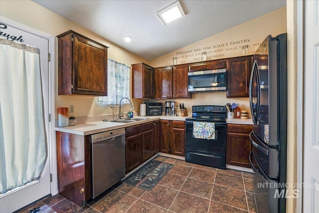 206 Diamond Dr, Kimberly, ID 83341 - kitchen with black appliances, a sink, lofted ceiling, light countertops, and dark brown cabinets