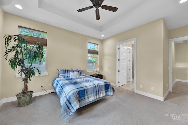 carpeted bedroom with recessed lighting, baseboards, and a ceiling fan