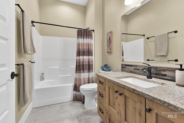 bathroom with tasteful backsplash, shower / tub combo, toilet, vanity, and marble finish flooring