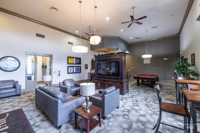 living room featuring carpet flooring, ornamental molding, billiards, ceiling fan, and baseboards