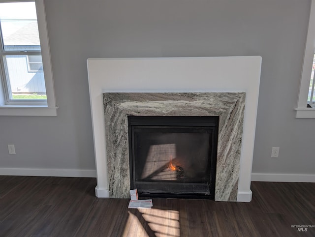 interior details featuring a fireplace, baseboards, and wood finished floors