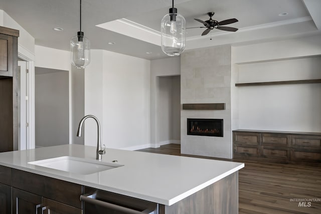 kitchen featuring a sink, light countertops, dishwasher, a raised ceiling, and dark wood-style flooring
