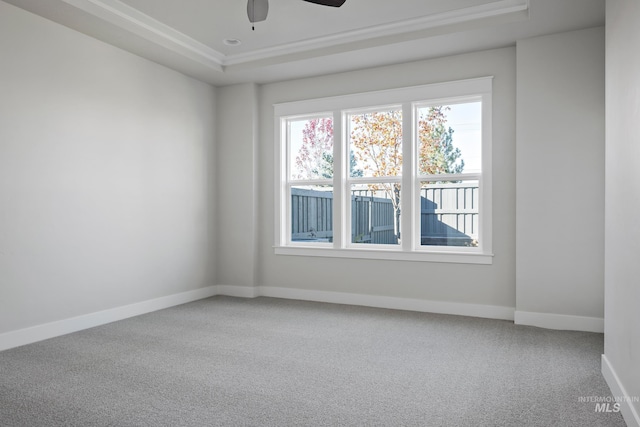 unfurnished room featuring a tray ceiling, a ceiling fan, carpet floors, crown molding, and baseboards