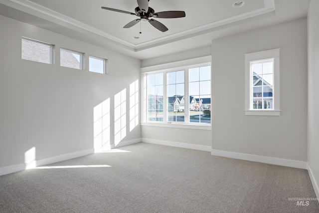 carpeted spare room with baseboards, a ceiling fan, and a raised ceiling
