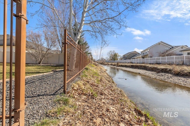 view of street with a water view