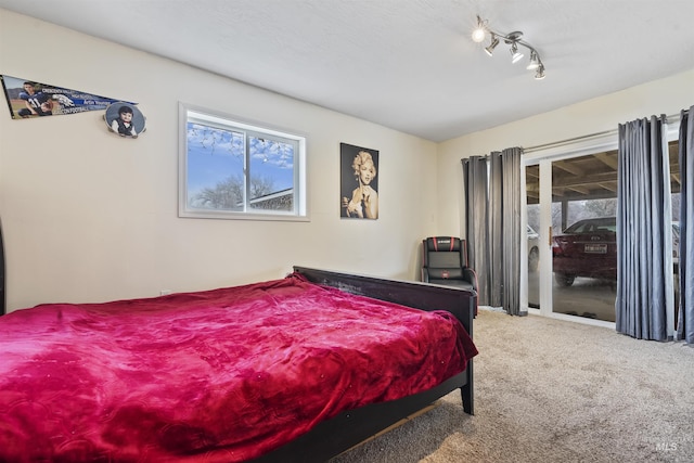 carpeted bedroom featuring track lighting