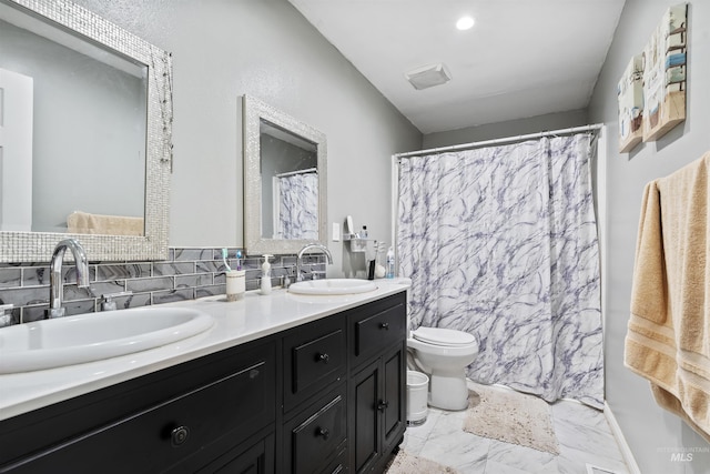 bathroom featuring vanity, a shower with shower curtain, tile walls, and toilet