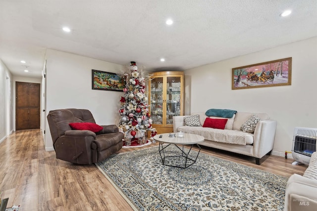 living room with wood-type flooring, a textured ceiling, and heating unit