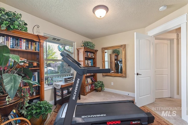 workout area with carpet, baseboards, and a textured ceiling