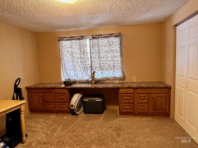 carpeted office space featuring built in desk and a textured ceiling