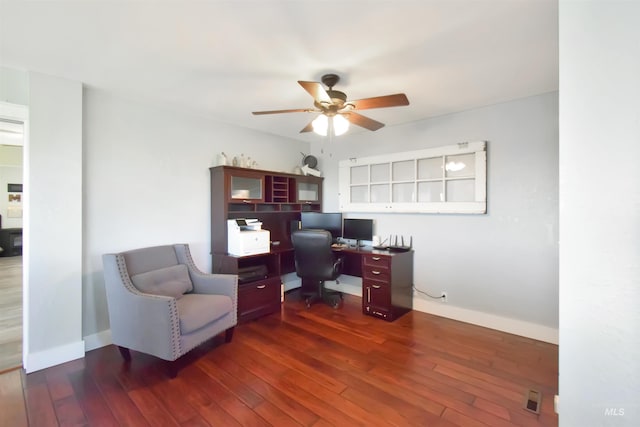 home office with dark hardwood / wood-style floors and ceiling fan