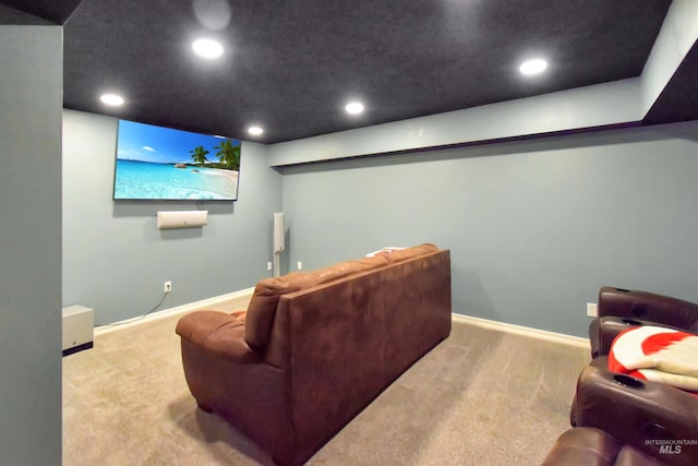 cinema room featuring light carpet