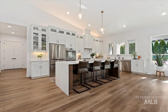 1889 W Winter Camp Ct, Boise, ID 83703 - kitchen featuring appliances with stainless steel finishes, decorative backsplash, a center island, light wood finished floors, and vaulted ceiling