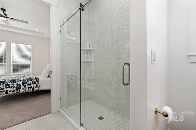 1889 W Winter Camp Ct, Boise, ID 83703 - ensuite bathroom with tile patterned floors, ceiling fan, and a stall shower