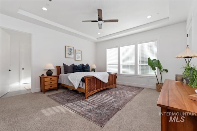 1889 W Winter Camp Ct, Boise, ID 83703 - carpeted bedroom with a tray ceiling, recessed lighting, baseboards, and ceiling fan