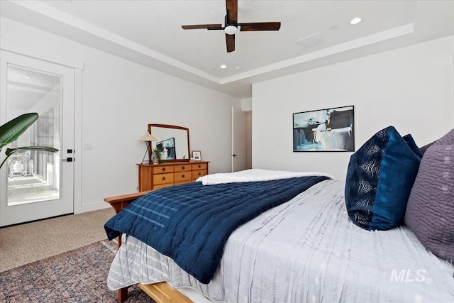 1889 W Winter Camp Ct, Boise, ID 83703 - carpeted bedroom featuring a raised ceiling, ceiling fan, and recessed lighting