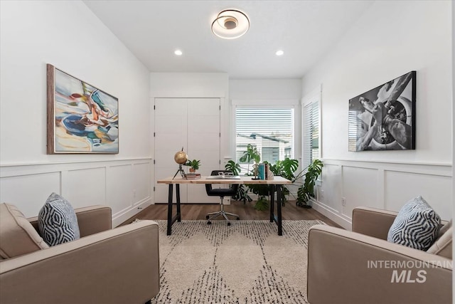 1889 W Winter Camp Ct, Boise, ID 83703 - office space featuring a decorative wall, wood finished floors, recessed lighting, and a wainscoted wall