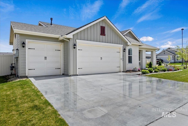 12740 S Alzano Way, Nampa, ID 83686 - single story home with an attached garage, board and batten siding, concrete driveway, a front yard, and a shingled roof