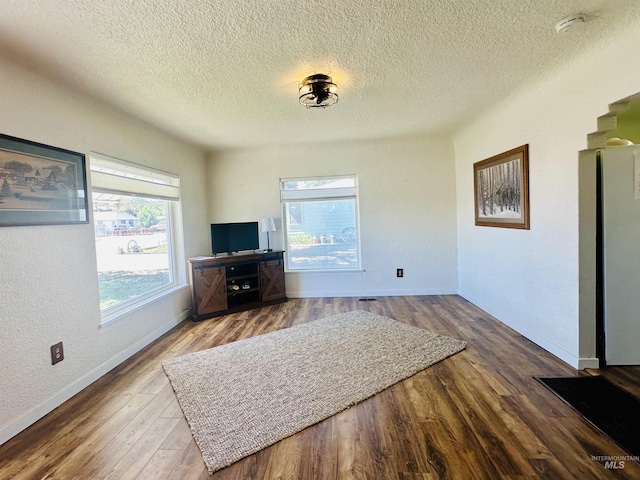 living room with a textured ceiling, a textured wall, wood finished floors, and a healthy amount of sunlight