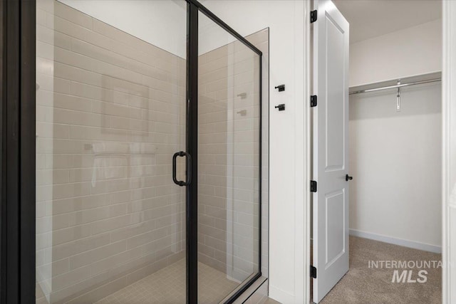 full bathroom with baseboards, a spacious closet, and a shower stall