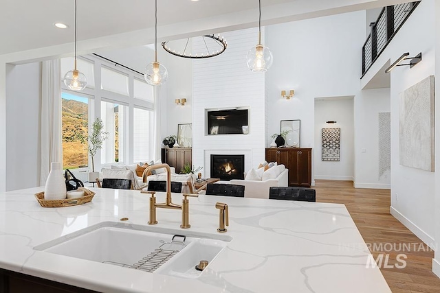 living room with sink, a large fireplace, light hardwood / wood-style floors, and a towering ceiling