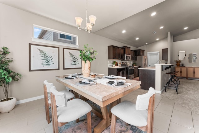 12457 W Awbrey St, Boise, ID 83709 - dining area with light tile patterned flooring, vaulted ceiling, a chandelier, and recessed lighting
