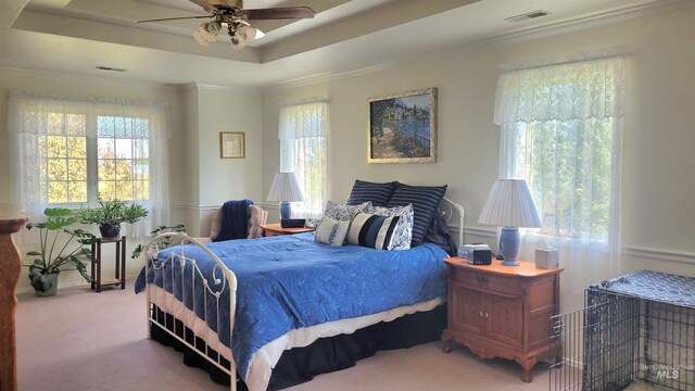 carpeted bedroom featuring crown molding, a tray ceiling, and ceiling fan