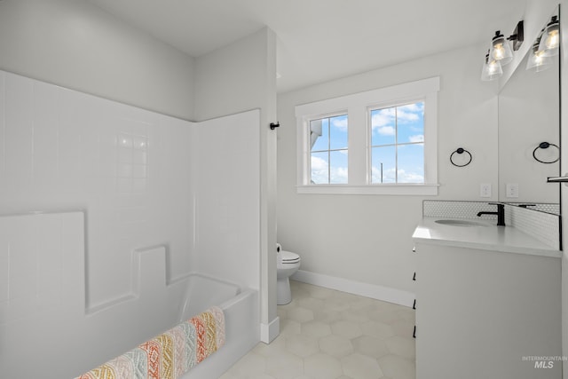 full bathroom featuring tile patterned floors, vanity, shower / bathtub combination, and toilet