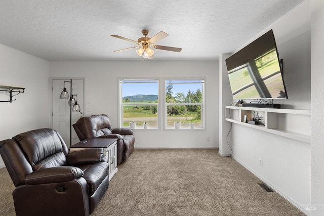12798 King Rd, Kendrick, ID 83537 - carpeted living area featuring a ceiling fan, a textured ceiling, and baseboards
