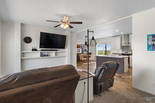 12798 King Rd, Kendrick, ID 83537 - living area featuring a ceiling fan, a textured ceiling, carpet flooring, and recessed lighting