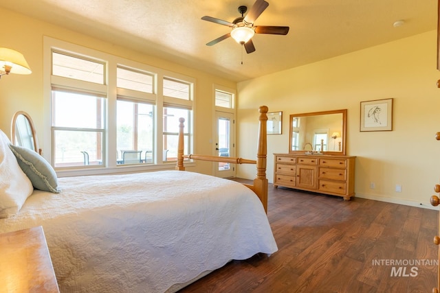 bedroom featuring ceiling fan and dark hardwood / wood-style floors