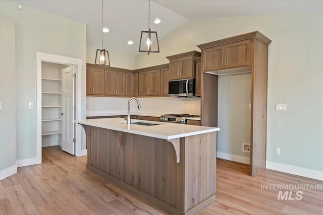 kitchen with light wood finished floors, a sink, tasteful backsplash, and appliances with stainless steel finishes