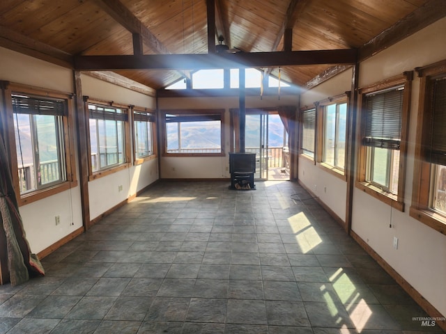 unfurnished sunroom with vaulted ceiling with beams and wooden ceiling