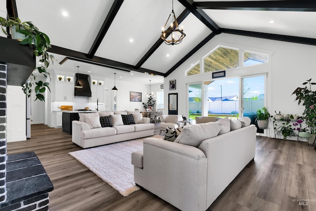 11127 Lake Lowell Ave, Nampa, ID 83686 - living room featuring a chandelier, high vaulted ceiling, beam ceiling, and dark wood finished floors