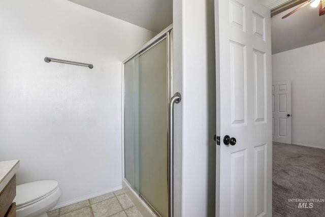 224 Paintbrush Cir, Twin Falls, ID 83301 - full bathroom with a stall shower, ceiling fan, vanity, toilet, and baseboards